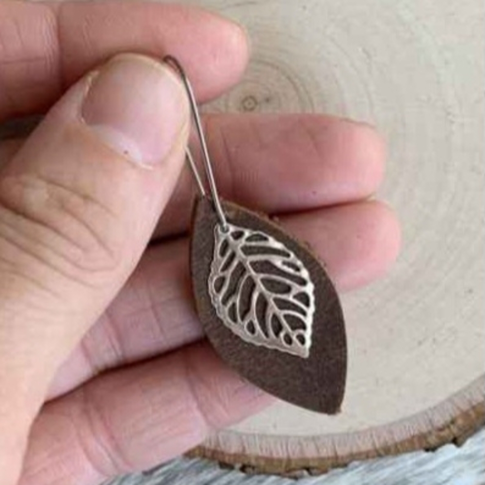 Leather Leaf Earrings Rustic Brown Leather Petal with Stainless steel Leaf Charm - Picture 4 of 6